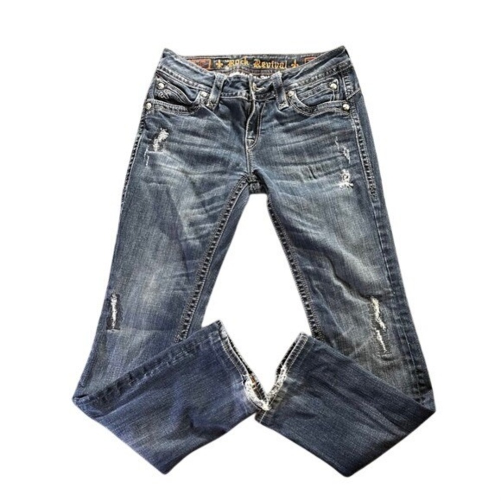 Rock Revival‎ Womens Chrissie Straight Jeans Blue Distressed Embellished Size 30
